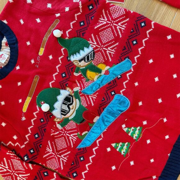 Holiday Time Unisex XL Red Christmas Sweater Snowboarding Elf Design - Picture 4 of 4